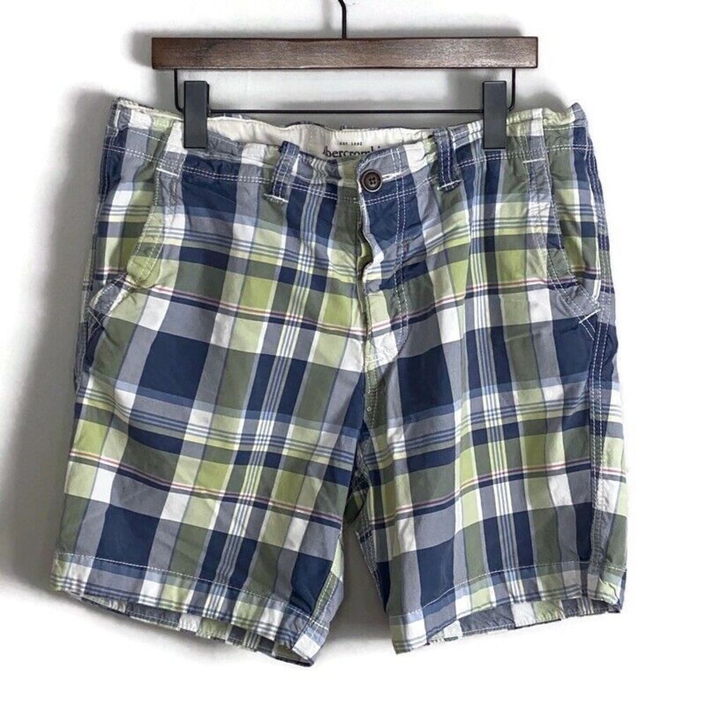 VINTAGE ABERCROMBIE FITCH Mens Blue Plaid Shorts Size 34 Heavy Y2K Button Fly